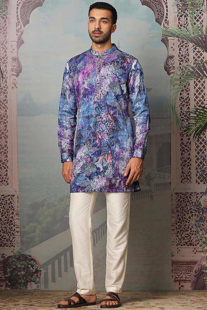 Indigo Linen Satin Sequins Embroidered Kurta Set by ASUKA at Pernia's Pop Up Shop