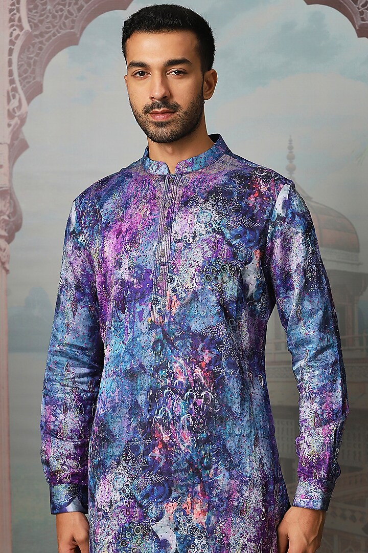 Indigo Linen Satin Sequins Embroidered Kurta Set by ASUKA at Pernia's Pop Up Shop