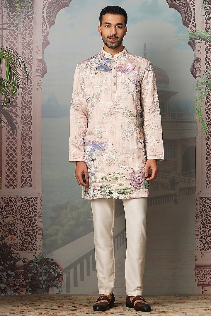 Ivory Satin Linen Digital Printed & Hand Embroidered Kurta Set by ASUKA at Pernia's Pop Up Shop