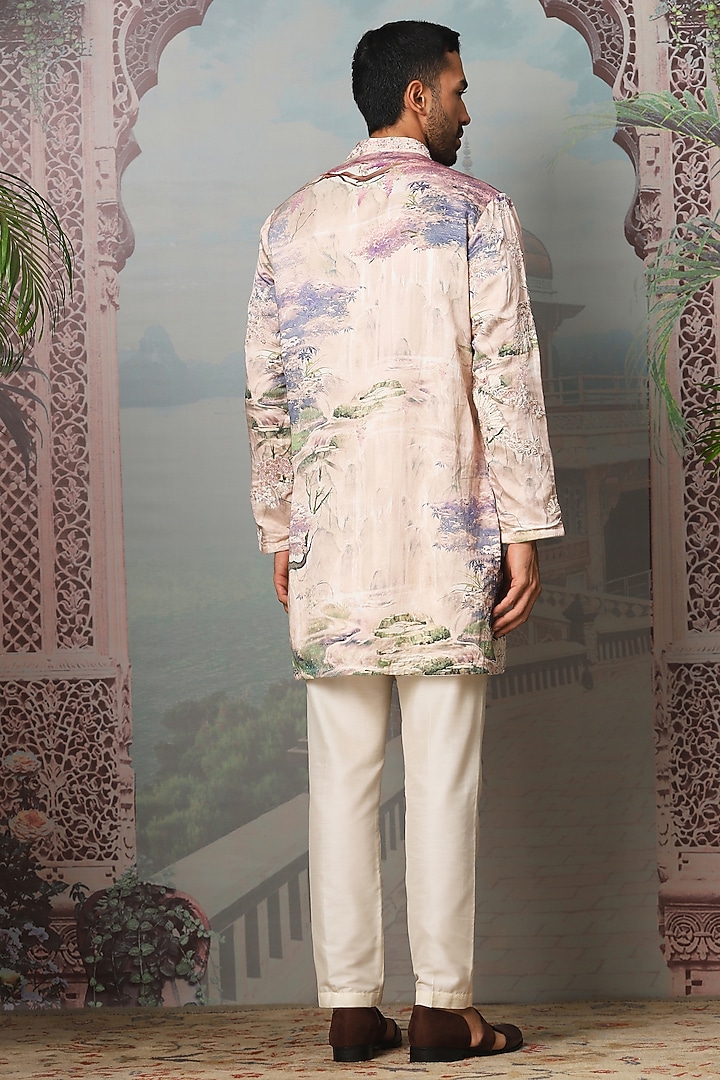 Ivory Satin Linen Digital Printed & Hand Embroidered Kurta Set by ASUKA at Pernia's Pop Up Shop