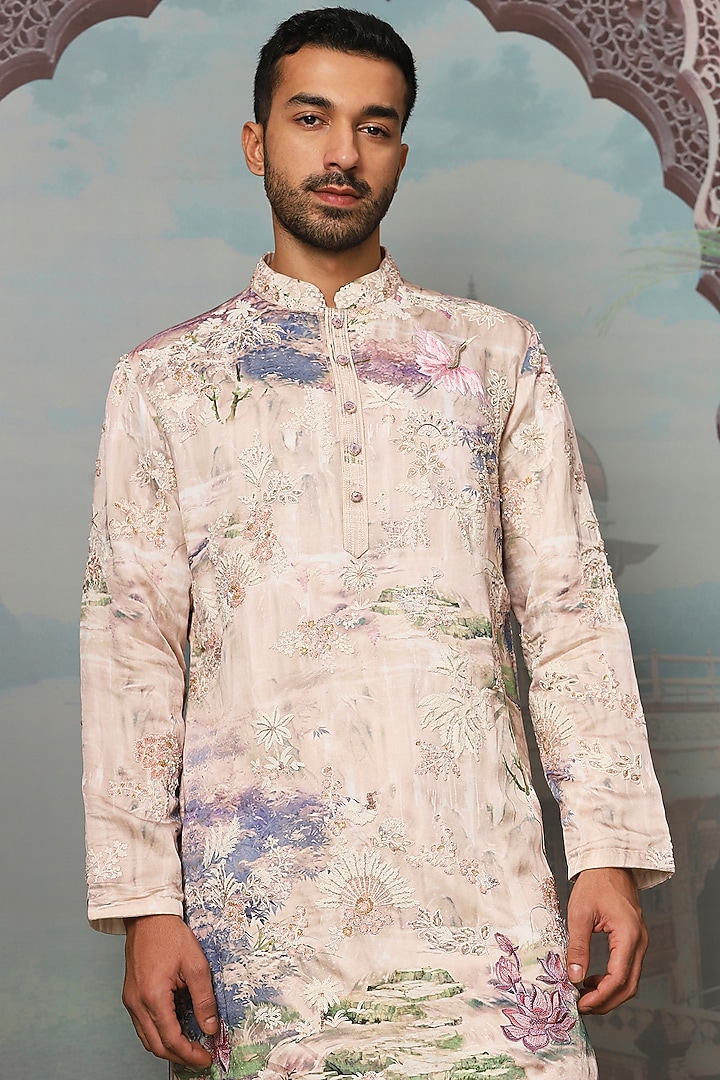 Ivory Satin Linen Digital Printed & Hand Embroidered Kurta Set by ASUKA at Pernia's Pop Up Shop
