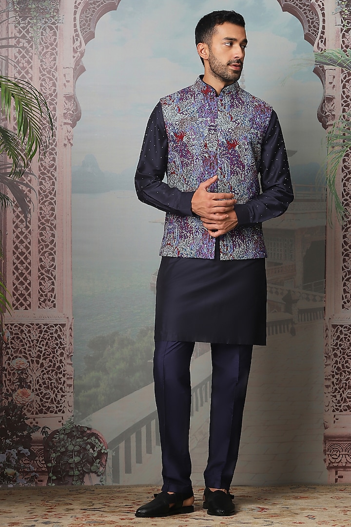 Indigo Chanderi Silk Sequins Hand Embroidered Kurta Set by ASUKA