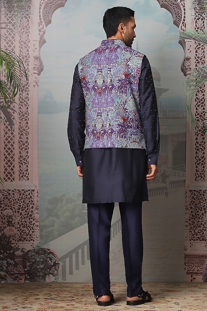 Indigo Chanderi Silk Sequins Hand Embroidered Kurta Set by ASUKA at Pernia's Pop Up Shop