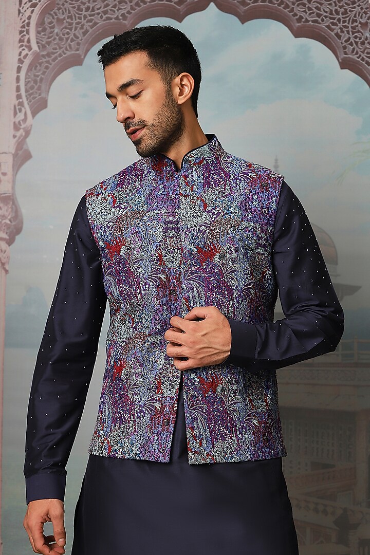 Indigo Chanderi Silk Sequins Hand Embroidered Kurta Set by ASUKA at Pernia's Pop Up Shop