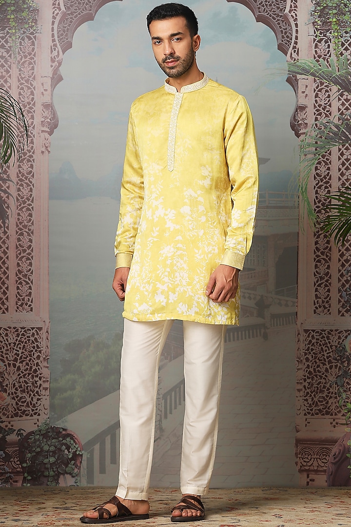 Dandelion Yellow Linen Satin Digital Printed & Zari Embroidered Kurta Set by ASUKA