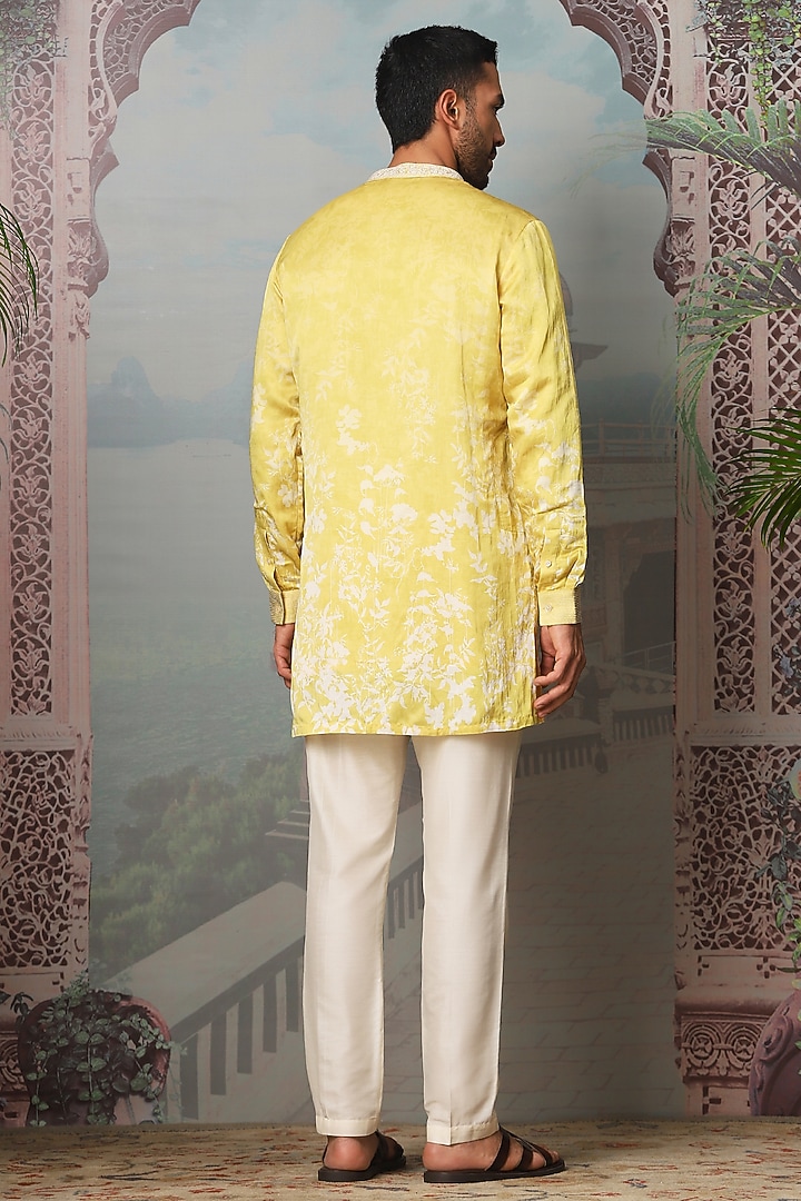 Dandelion Yellow Linen Satin Digital Printed & Zari Embroidered Kurta Set by ASUKA at Pernia's Pop Up Shop