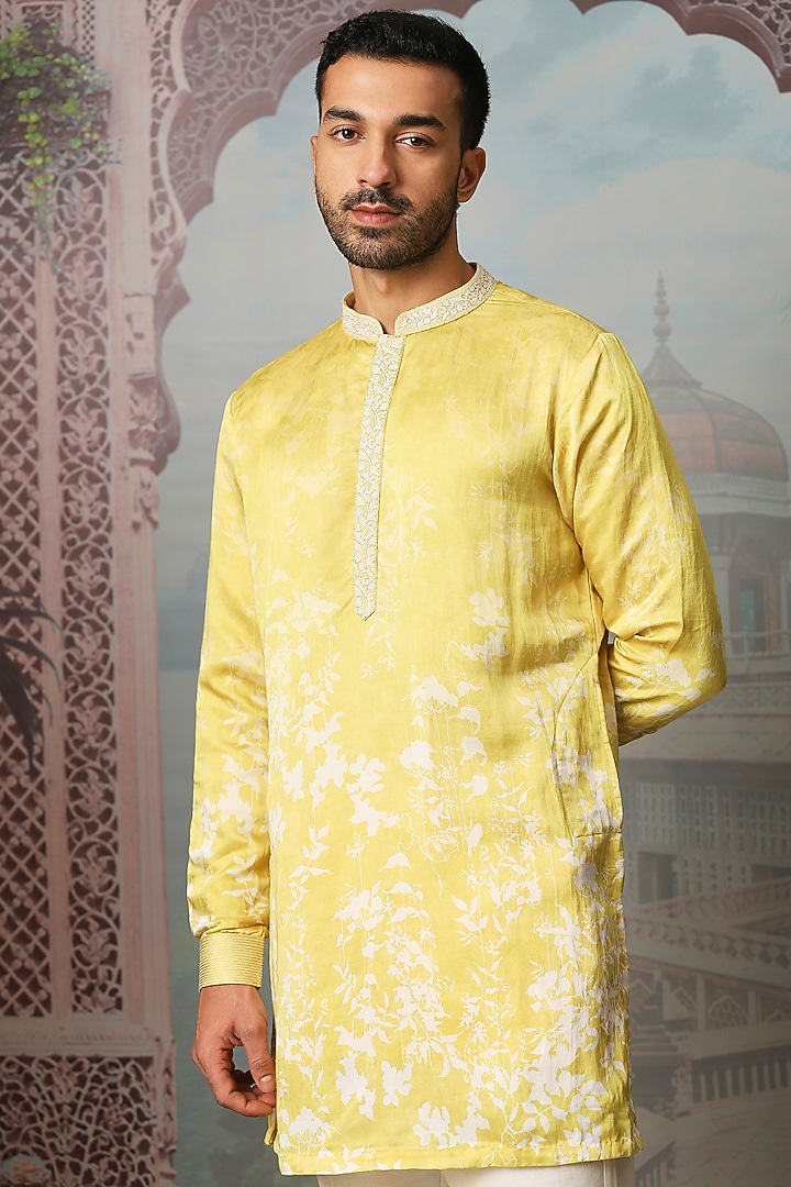 Dandelion Yellow Linen Satin Digital Printed & Zari Embroidered Kurta Set by ASUKA at Pernia's Pop Up Shop