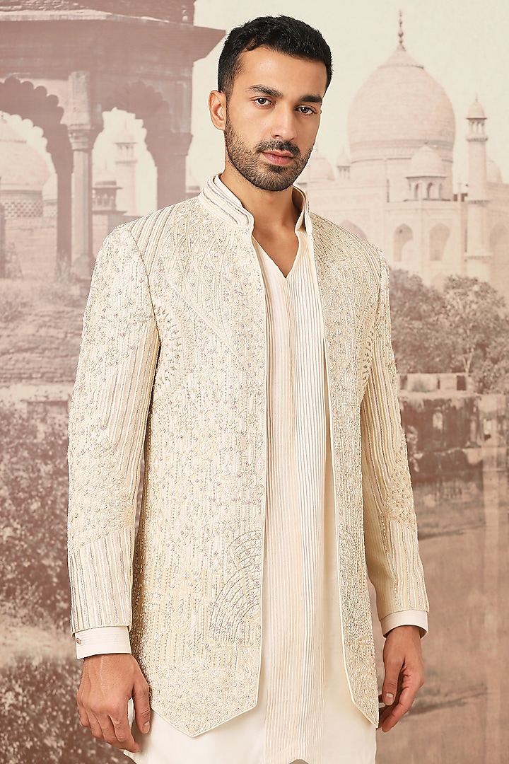 Ivory Silk Zardosi Embroidered Wedding Indowestern Set by ASUKA at Pernia's Pop Up Shop