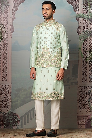 Teal Green Raw Silk Dabka Embroidered Bundi Jacket Set by ASUKA
