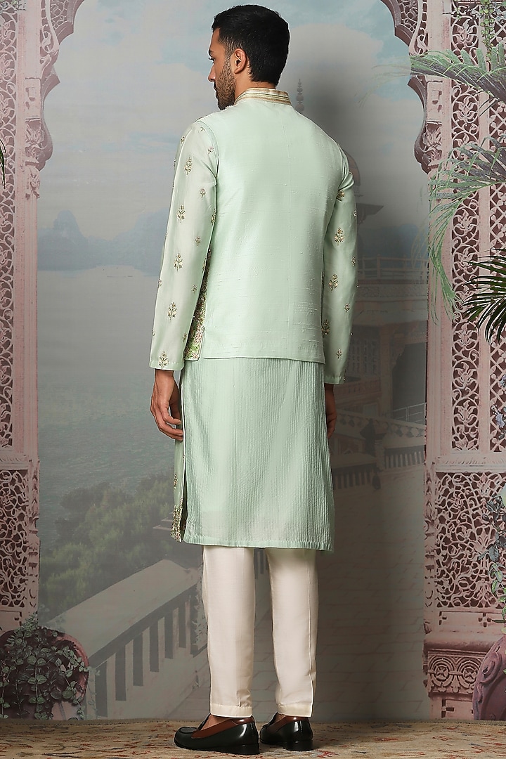 Teal Green Raw Silk Dabka Embroidered Bundi Jacket Set by ASUKA at Pernia's Pop Up Shop