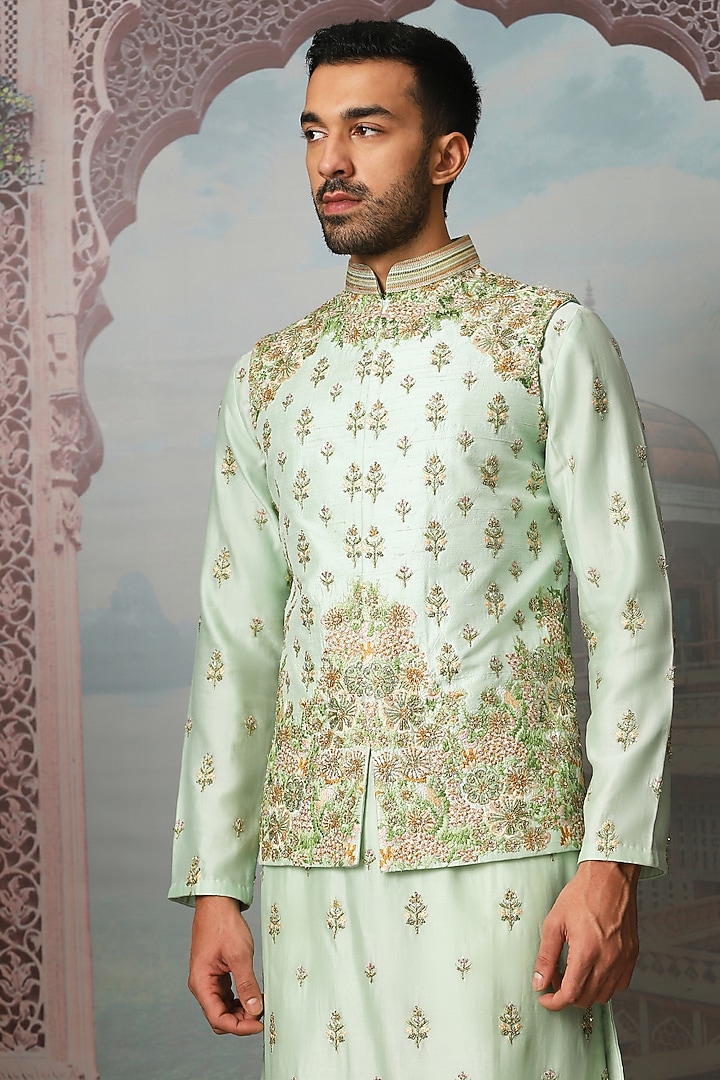 Teal Green Raw Silk Dabka Embroidered Bundi Jacket Set by ASUKA at Pernia's Pop Up Shop