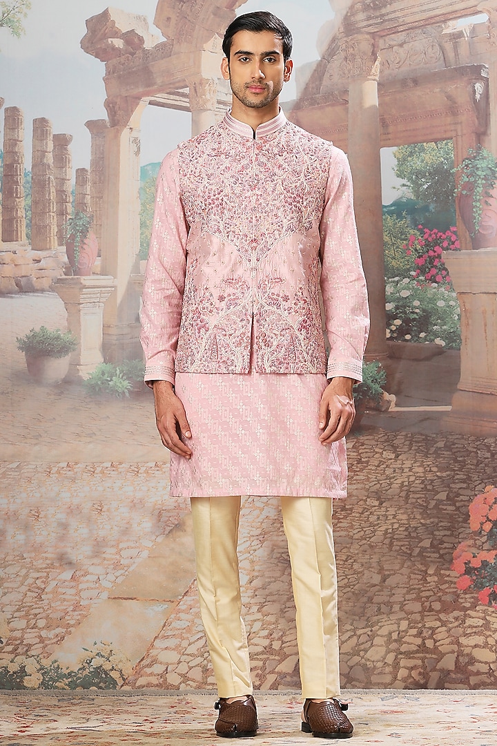 Pink Raw Silk Dabka Embroidered Bundi Jacket Set by ASUKA at Pernia's Pop Up Shop