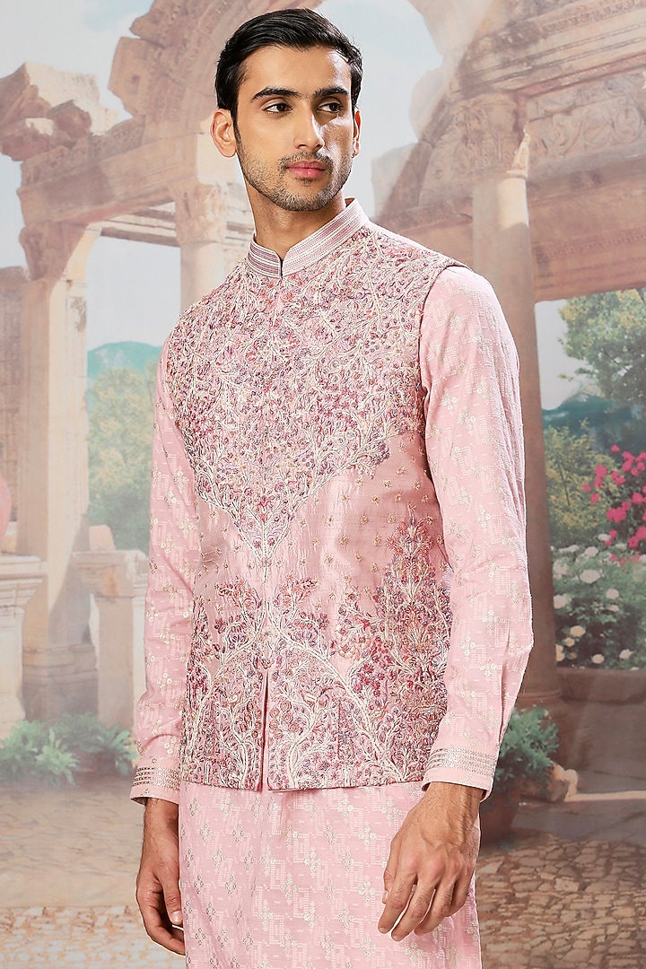 Pink Raw Silk Dabka Embroidered Bundi Jacket Set by ASUKA at Pernia's Pop Up Shop