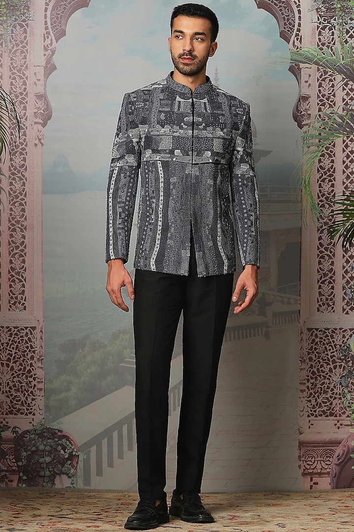 Grey Silk Cutdana Embroidered Bandhgala Set by ASUKA