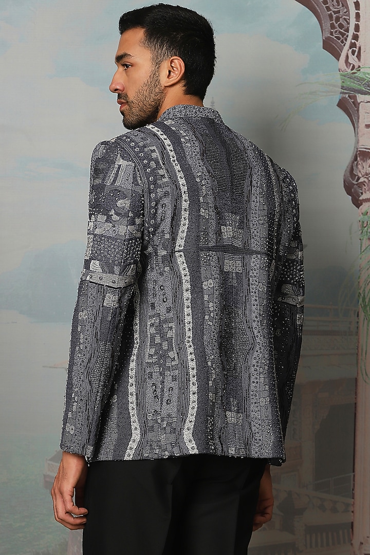 Grey Silk Cutdana Embroidered Wedding Bandhgala Set by ASUKA at Pernia's Pop Up Shop