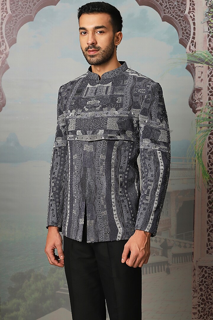 Grey Silk Cutdana Embroidered Wedding Bandhgala Set by ASUKA at Pernia's Pop Up Shop