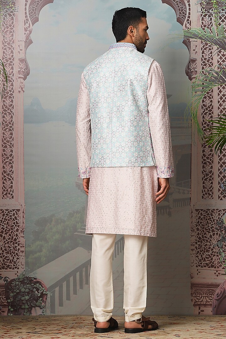 Sky Blue Chanderi Silk Mirror Embroidered Bundi Jacket Set by ASUKA at Pernia's Pop Up Shop