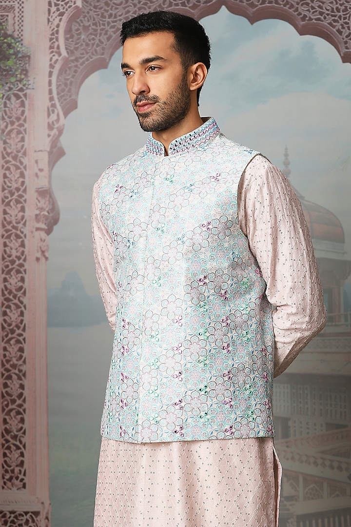 Sky Blue Chanderi Silk Mirror Embroidered Bundi Jacket Set by ASUKA at Pernia's Pop Up Shop