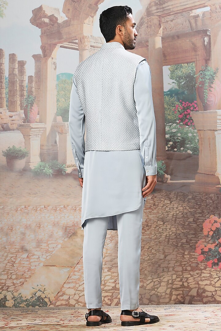 Slate Grey Velvet Sequins Hand Embroidered Bundi Jacket Set by ASUKA at Pernia's Pop Up Shop