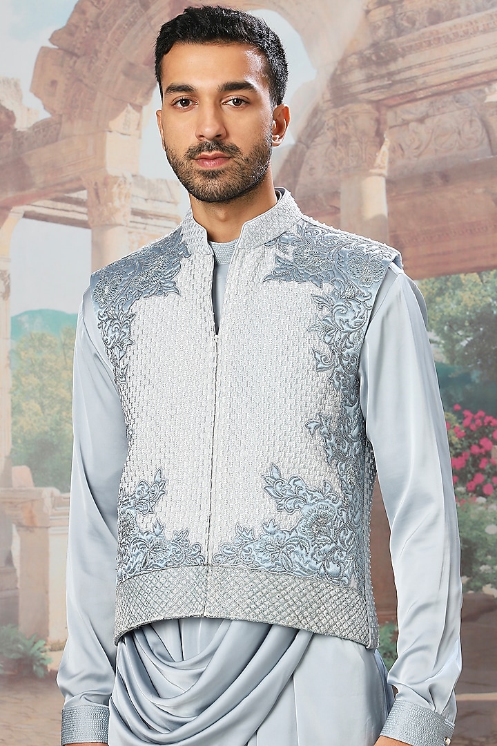 Slate Grey Velvet Sequins Hand Embroidered Bundi Jacket Set by ASUKA at Pernia's Pop Up Shop