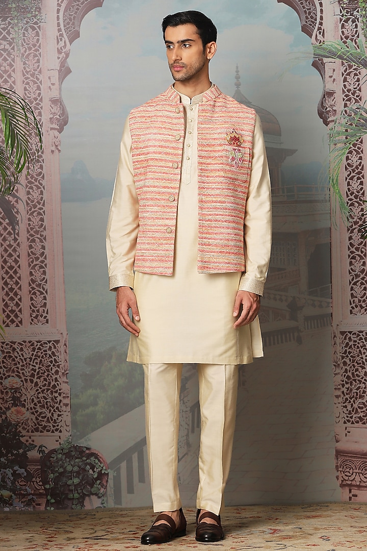 Pink Linen Thread Hand Embroidered Bundi Jacket Set by ASUKA