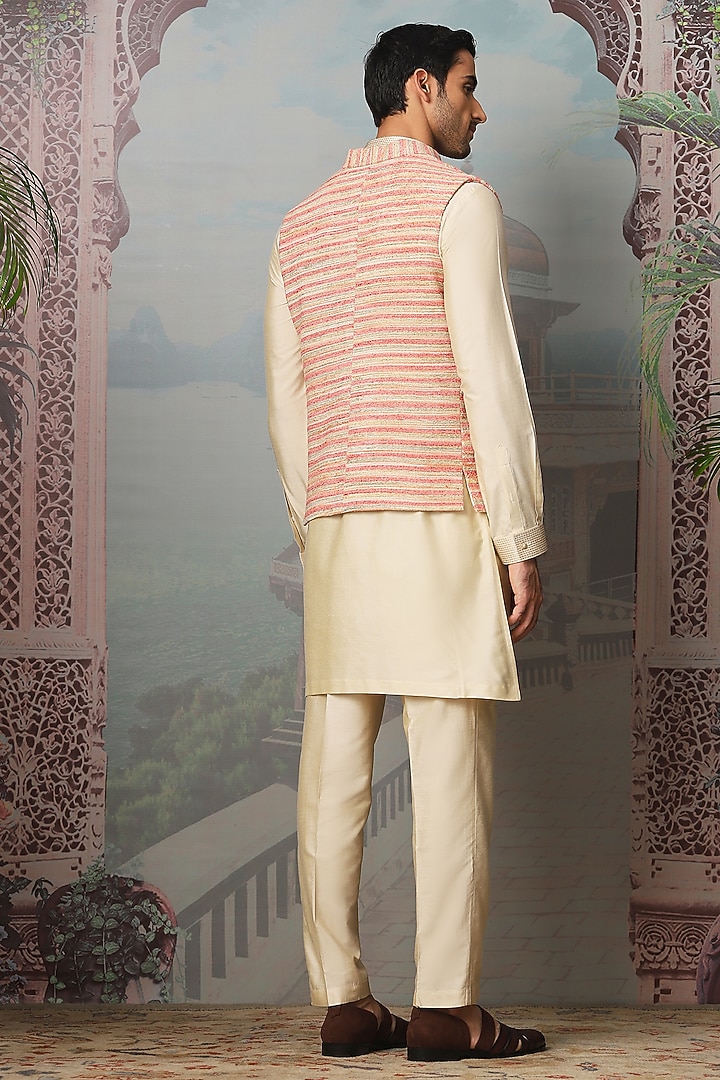 Pink Linen Thread Hand Embroidered Bundi Jacket Set by ASUKA at Pernia's Pop Up Shop