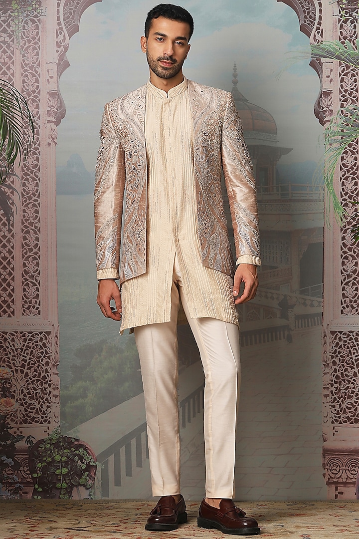 Nawab Gold Raw Silk Dabka Embroidered Indowestern Set by ASUKA at Pernia's Pop Up Shop