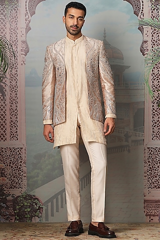 Nawab Gold Raw Silk Dabka Embroidered Indowestern Set by ASUKA