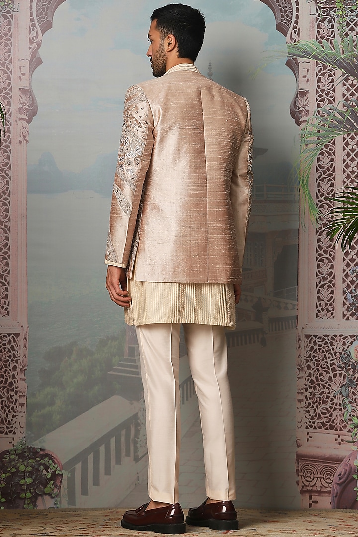 Nawab Gold Raw Silk Dabka Embroidered Wedding Indowestern Set by ASUKA at Pernia's Pop Up Shop