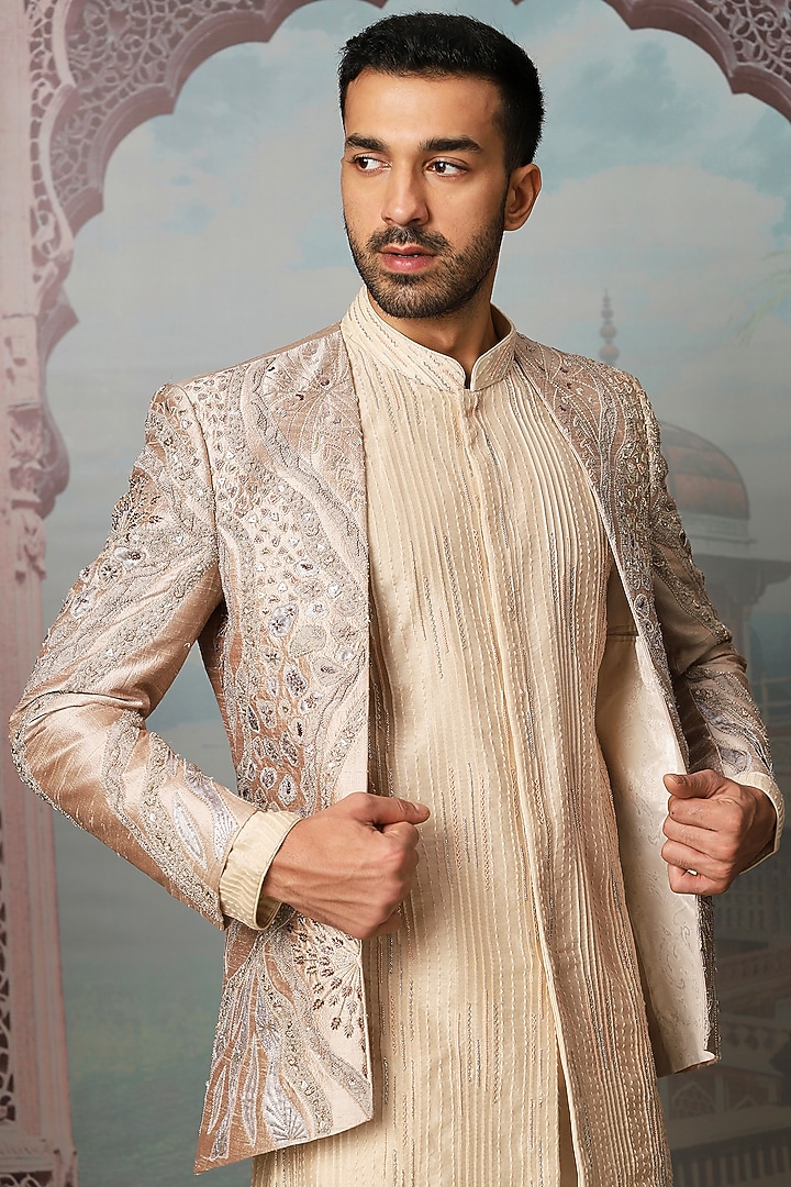Nawab Gold Raw Silk Dabka Embroidered Wedding Indowestern Set by ASUKA at Pernia's Pop Up Shop