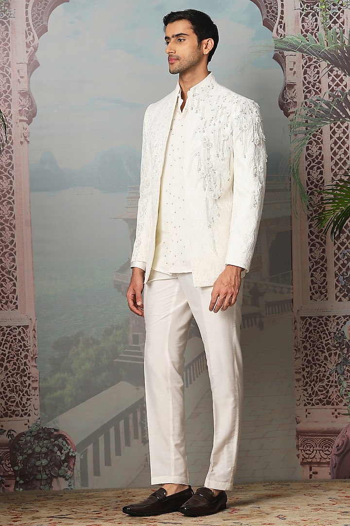 Ivory Jacquard Hand Embroidered Indowestern Set by ASUKA at Pernia's Pop Up Shop