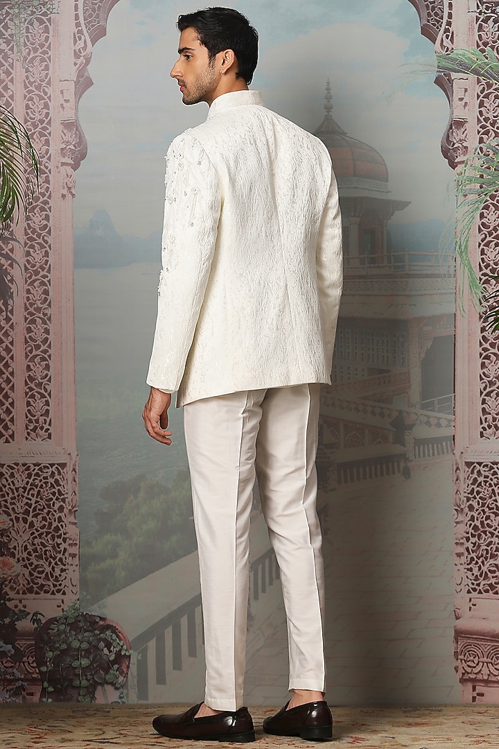 Ivory Jacquard Hand Embroidered Wedding Indowestern Set by ASUKA at Pernia's Pop Up Shop