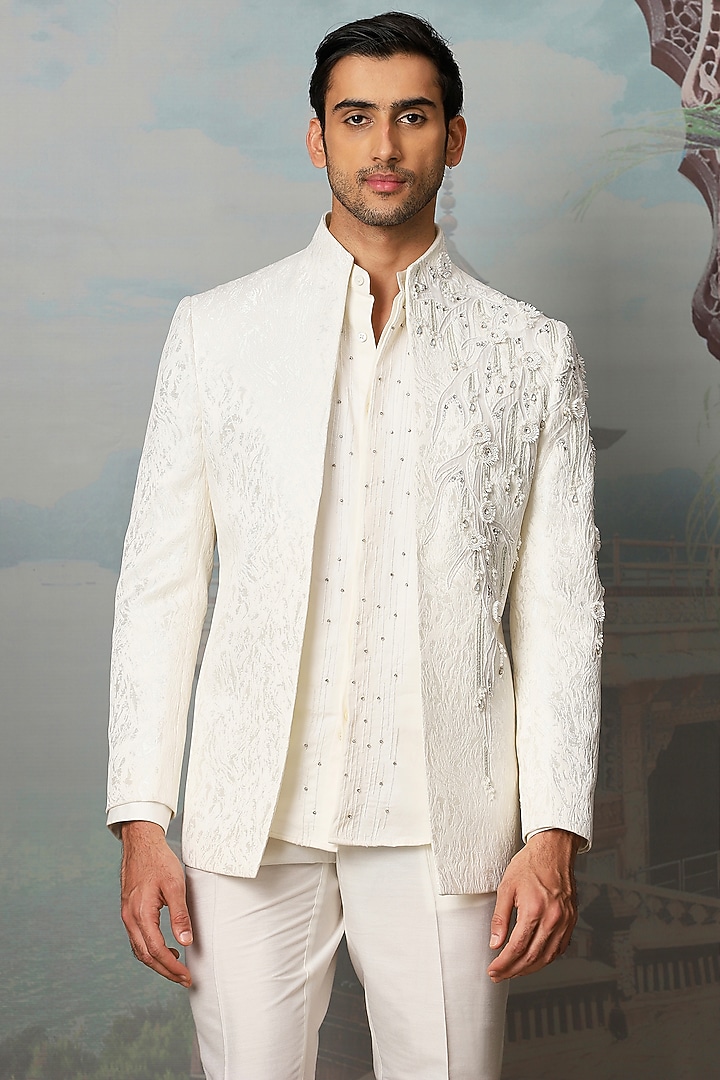 Ivory Jacquard Hand Embroidered Wedding Indowestern Set by ASUKA at Pernia's Pop Up Shop