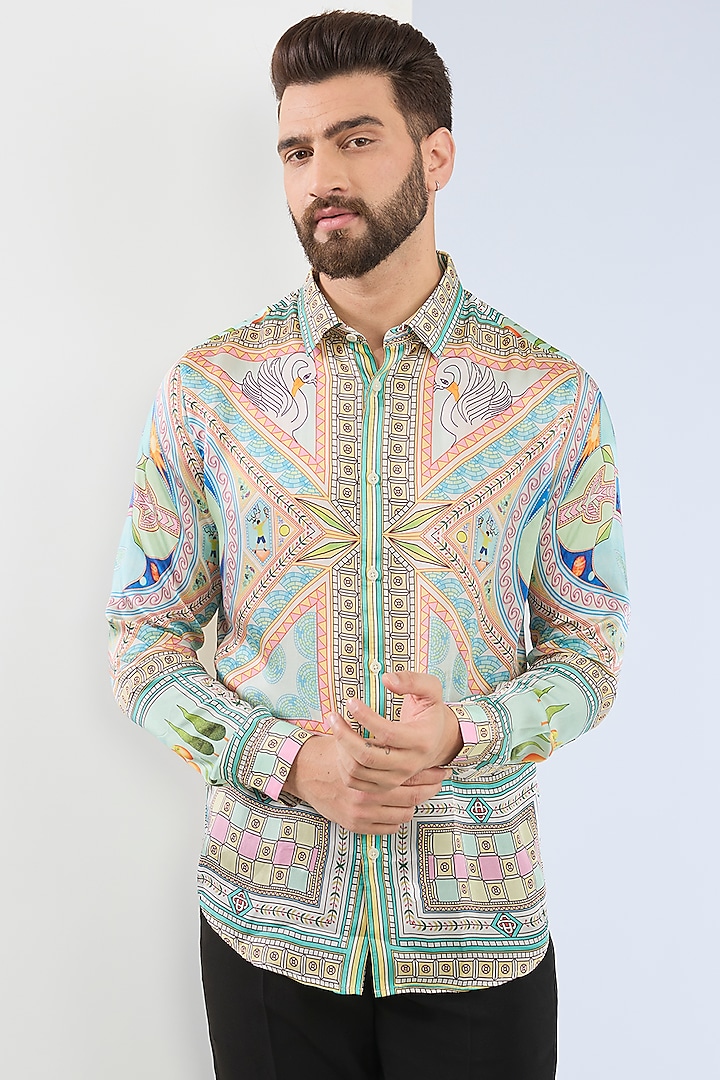 Light Green Pure Habutai Silk Printed Shirt by ASUKA