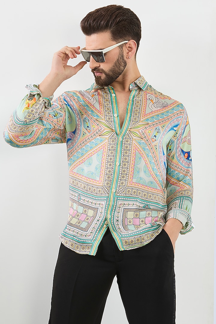 Light Green Pure Habutai Silk Printed Party Wear Shirt by ASUKA at Pernia's Pop Up Shop
