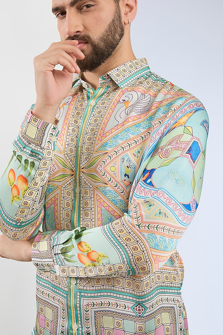 Light Green Pure Habutai Silk Printed Party Wear Shirt by ASUKA at Pernia's Pop Up Shop
