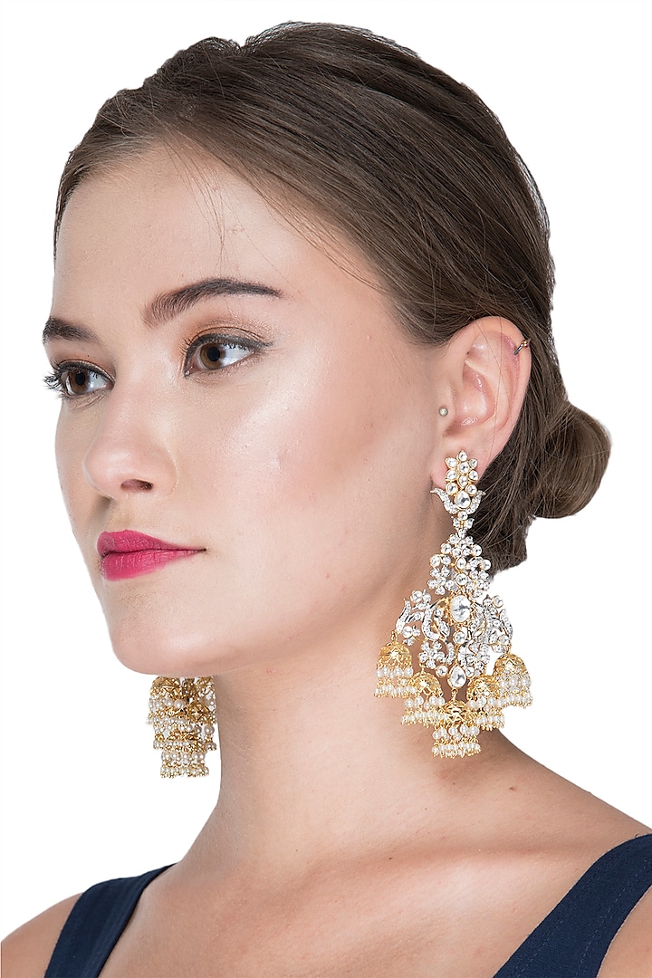 Gold Finish Kundan Chandelier Earrings by Auraa Trends