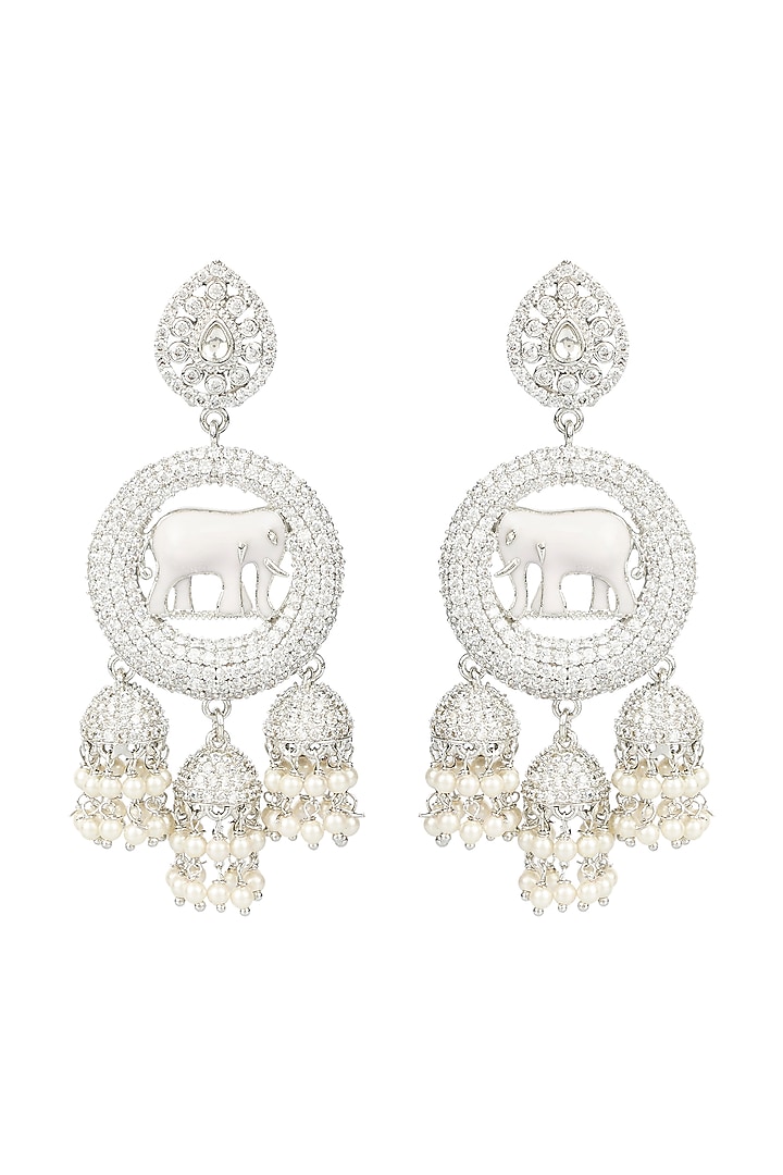 White Gold Finish Long Dangler Diamond Earrings by Auraa Trends