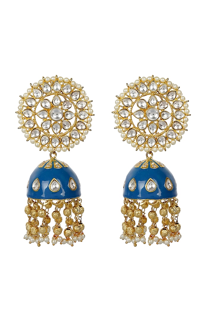Gold Finish Jhumka Kundan Earrings by Auraa Trends