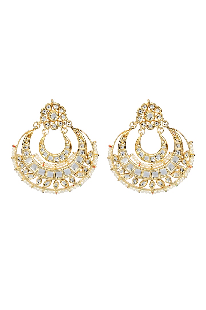 Gold Finish Jhumka Earrings With Kundan by Auraa Trends
