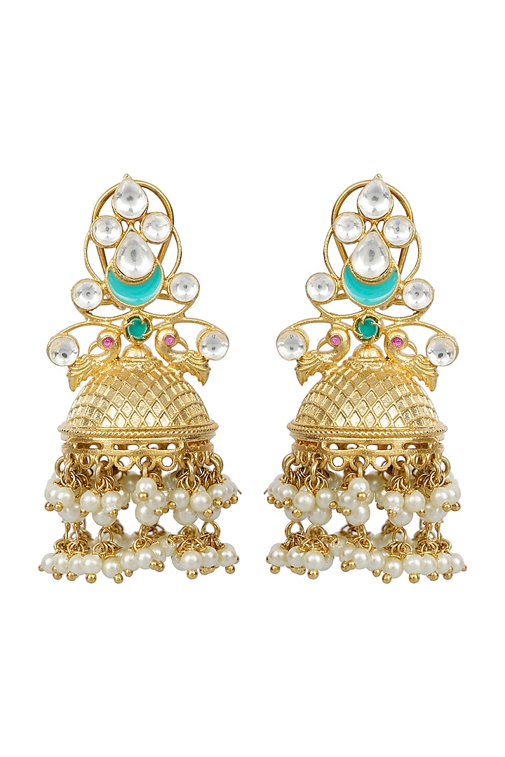 Gold Finish Kundan Earrings by Auraa Trends
