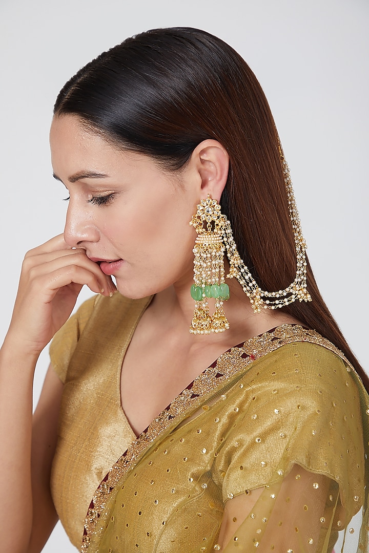 Gold Plated Onyx Kundan Jhumka Earrings by Auraa Trends