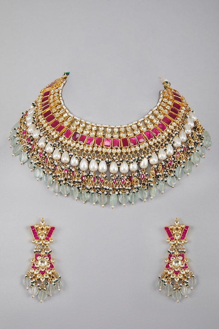 Gold Plated Sea Green Stones Kundan Necklace Set by Aura Trends at Pernia's Pop Up Shop