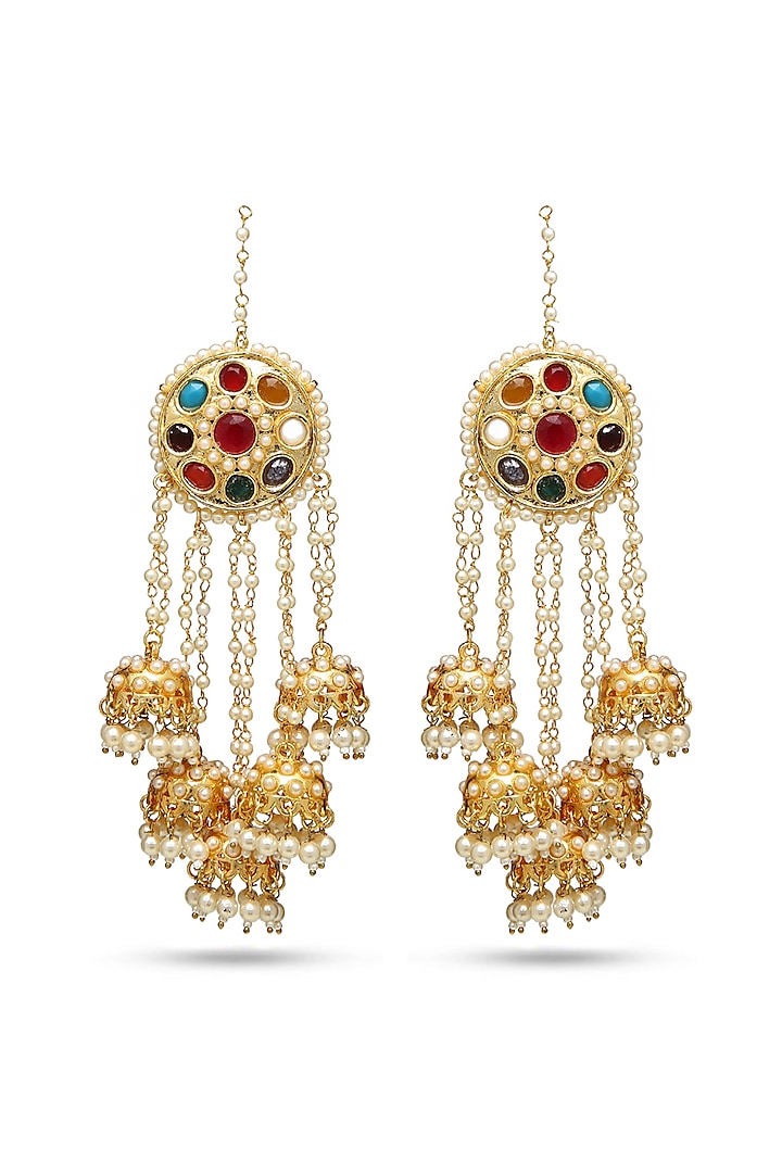 Gold Plated Navratna Stone Earrings by Auraa Trends