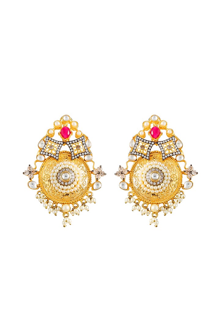 Gold Finish Chandbali Earrings With Kundan by Aura Trends at Pernia's Pop Up Shop