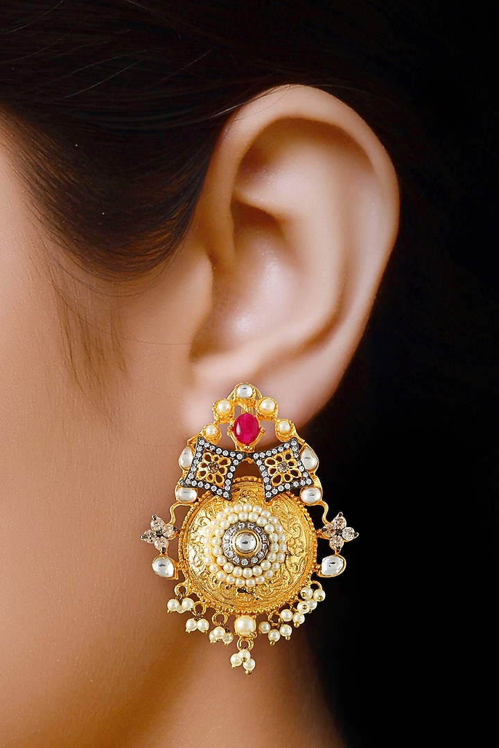 Gold Finish Chandbali Earrings With Kundan by Aura Trends at Pernia's Pop Up Shop