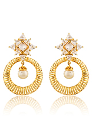 Gold Finish Kundan Chandbali Earrings by Aura Trends