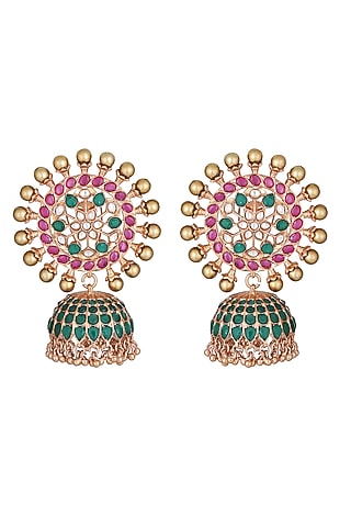 Gold Finish Jhumka Earrings by Auraa Trends