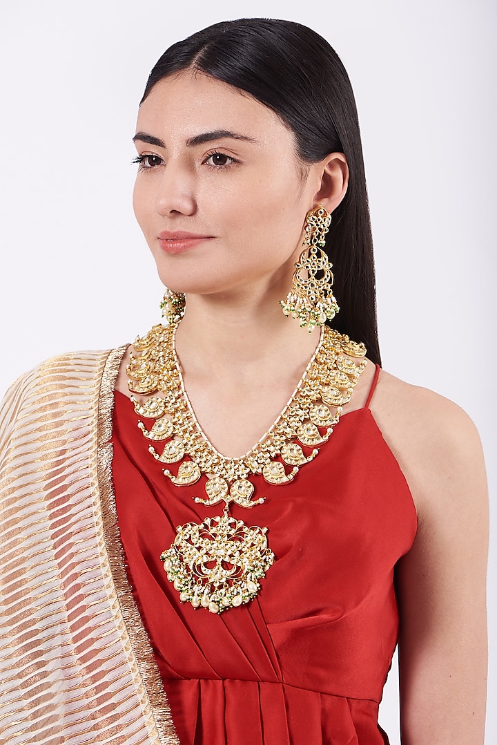 Gold Plated Kundan Polki & Pearl Necklace Set by Auraa Trends