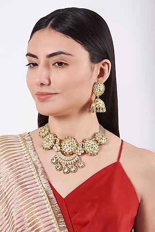 Gold Plated Kundan Polki Necklace Set by Aura Trends